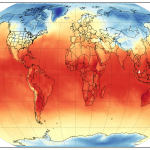 Mapa mundial con colores que muestran un planeta más cálido, con altas temperaturas en la franja tropical y templada durante la década posterior al Acuerdo de París.